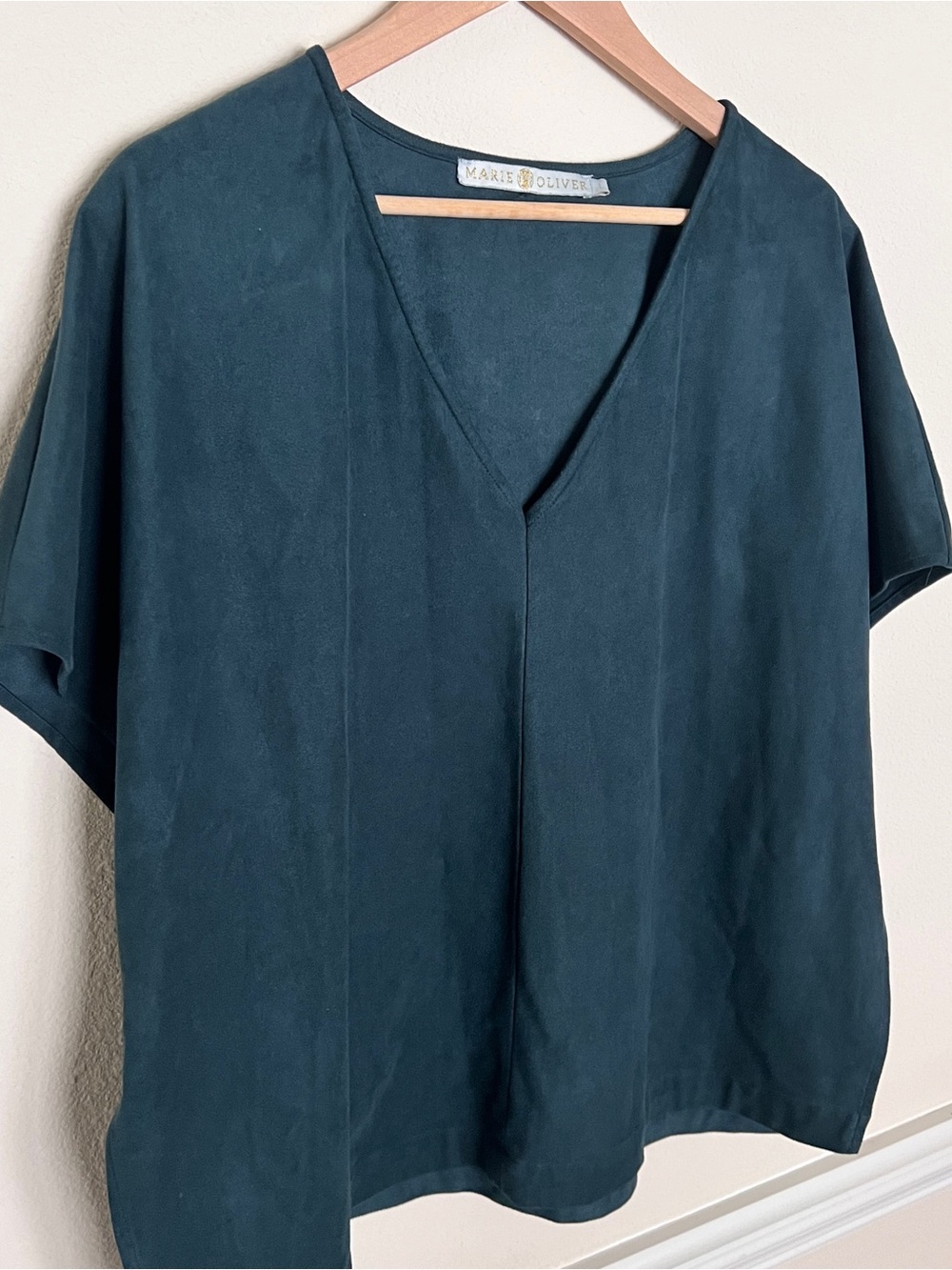 Marie Oliver Faux Suede Teal V-Neck Short Sleeve Top